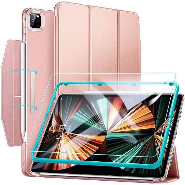 ESR Ascend Trifold Case with Tempered Glass Protector for iPad Pro 12.9 Inch – Lightweight & Durable Stand Cover – Auto Sleep/Wake Function – Built-in Pencil Holder with Wireless Charging Support – Scratch-Resistant & Stylish Rose Pink Design