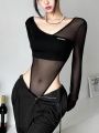 Black See Through Bodysuit Lingerie Long Sleeve Lenceria Femenina V-Neck One-Pieces Body Feminino Backless Tops For Women.
