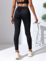 Side Mesh Yoga Women's Leggings Black Fabric Patchwork High Waist Soft Comfortable Gym Fitness Sportswear Long Pants. 