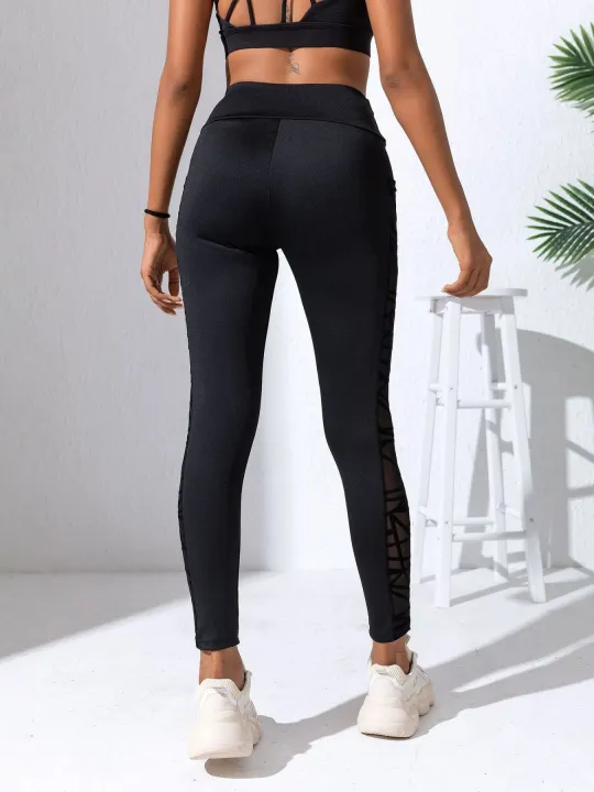Side%20Mesh%20Yoga%20Women's%20Leggings%20Black%20Fabric%20Patchwork%20High%20Waist%20Soft%20Comfortable%20Gym%20Fitness%20Sportswear%20Long%20Pants%20-%20Image%202