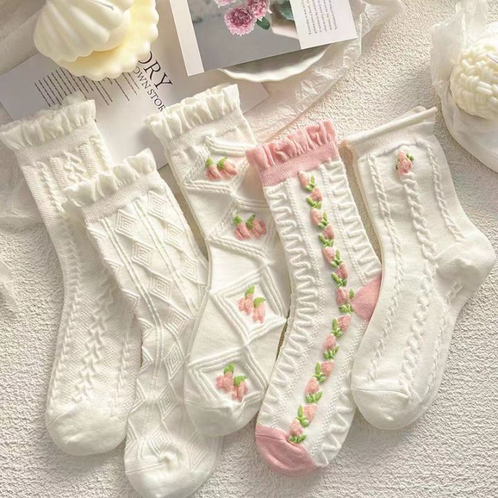 5%20Pairs%20Of%20Cute%20Harajuku%20Lolita%20White%20Women's%20Socks%20Set%20Spring%20And%20Summer%20Lace%20%20Cotton%20Socks%20%20Pink%20Style%20Socks%20With%20Ruffles%20-%20Image%204