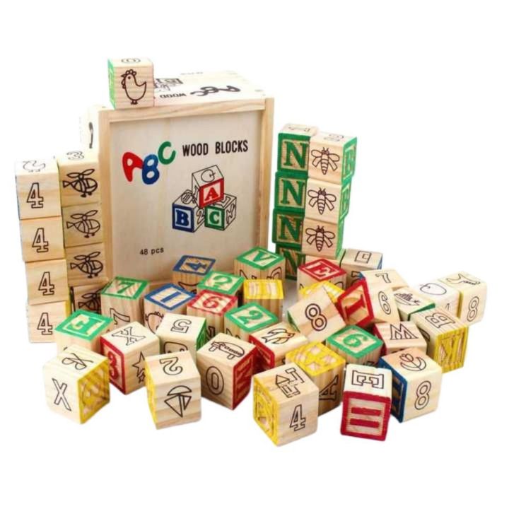 48 Pcs Wooden Alphabet Abc Number 123 Blocks With Box For Baby Toddlers Age 2-7 years - 14'×10'*14 cm