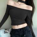 Women's crop top off the shoulder crop top cropped straps Korean fashion sexy ladies all-match. 