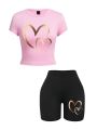 Summer Women Slim-fit T-Shirts & Shorts 2 Pieces Set Simple Hearts Pattern Prints Crop Tops Fashion High Elastic Soft Clothes.