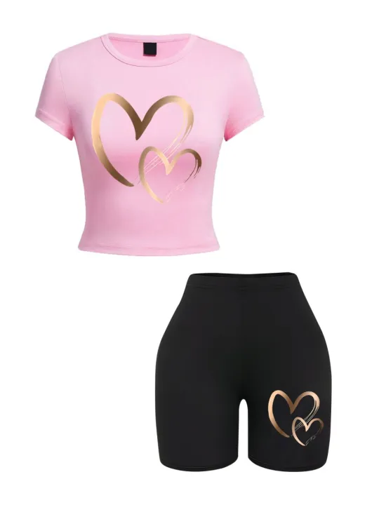Summer%20Women%20Slim-fit%20T-Shirts%20&%20Shorts%202%20Pieces%20Set%20Simple%20Hearts%20Pattern%20Prints%20Crop%20Tops%20Fashion%20High%20Elastic%20Soft%20Clothes%20-%20Image%203