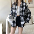 Women Tartan Shirt Long Sleeve Collared Button Up Oversized Plaid Shirt Jacket Grunge Fashion Teenage Girl Spring Summer Outfit. 