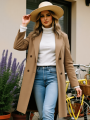 Women's Wool Overcoat Thickened Warm Double-Breasted Wool Coat for Autumn Winter, Button Accented Winter Wool Overcoat. 