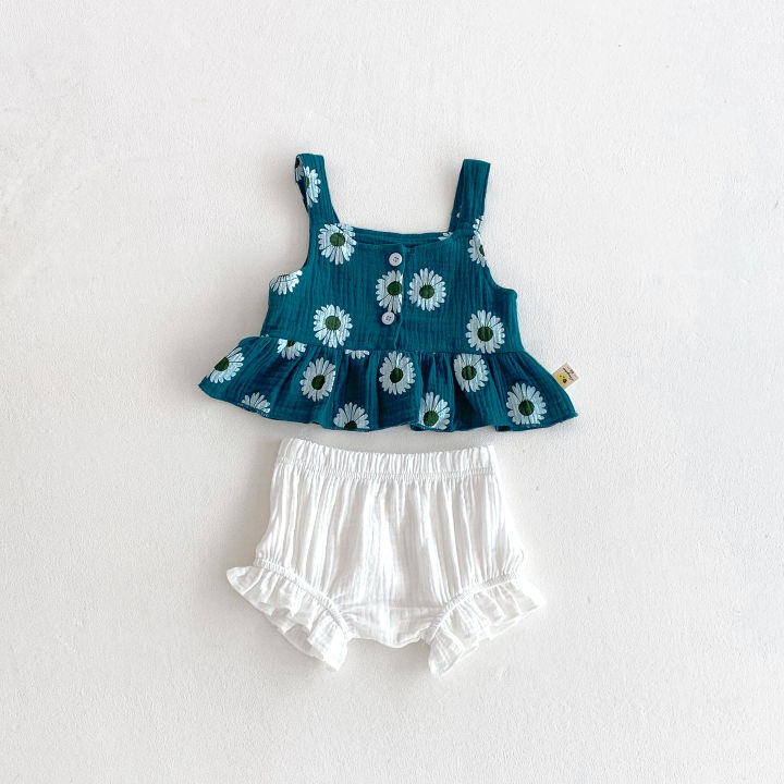 Summer%20Baby%20Girl's%20Daisy%20Printed%20Suspenders%20Top%20+%20Lace%20Shorts%20Set%20-%20Sweet%20Printed%202-Piece%20Set%20-%20Image%202