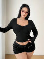 Plus Size Women Spring & Autumn Casual Solid Colour Lace T-Shirt Long Sleeve , Black Long Sleeve Tops Polyester. 