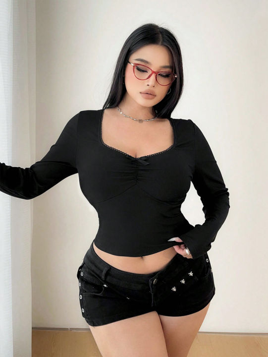 Plus%20Size%20Women%20Spring%20&%20Autumn%20Casual%20Solid%20Colour%20Lace%20T-Shirt%20Long%20Sleeve%20,%20Black%20Long%20Sleeve%20Tops%20Polyester%20-%20Image%206