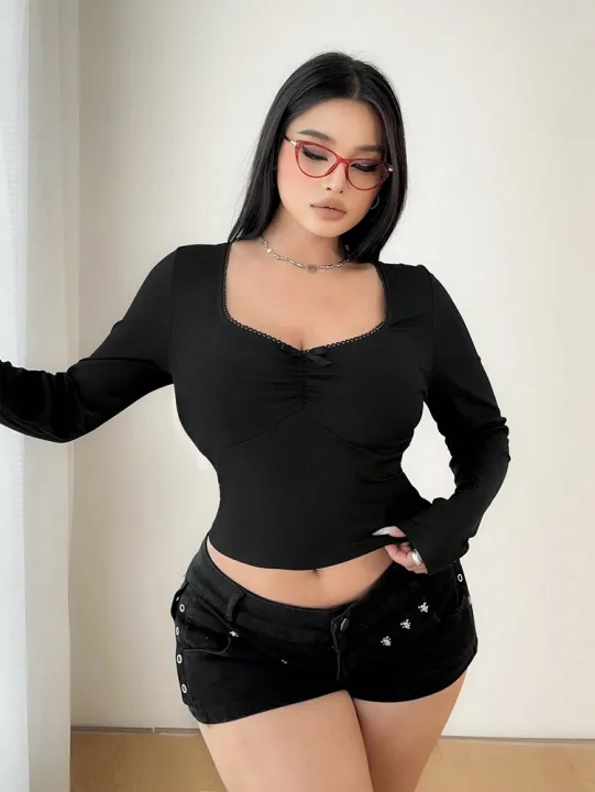 Plus%20Size%20Women%20Spring%20&%20Autumn%20Casual%20Solid%20Colour%20Lace%20T-Shirt%20Long%20Sleeve%20,%20Black%20Long%20Sleeve%20Tops%20Polyester%20-%20Image%206