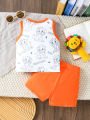 2pcs Summer Baby Boys Lion King Print Tank Top Set, Fierce Soul Graphic, Casual Daily/Outdoor Play, 9-12M, Contrast Trim Vest. 