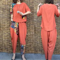Women's Casual Suit 2024 Summer New Slim Short Sleeve T-Shirt Top Harlan Cropped Pants Plus Fashion Cotton Linen 2 Two Piece Set. 
