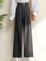 2026 New Burgundy Suits Pants for Women Office Lady Elegant High Waist Wide Leg Fashion Trousers with Pockets Black Gray.