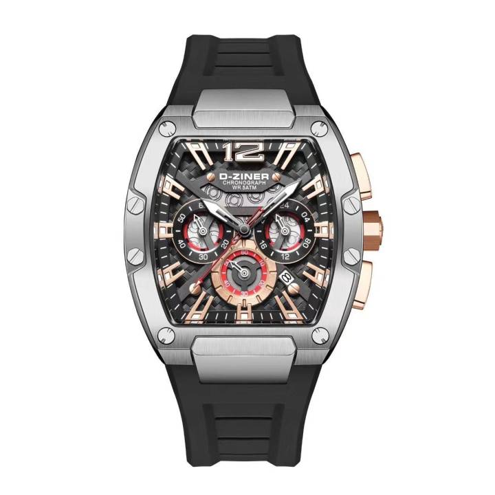 The newest dziner D-ZINER (designer) product is waterproof 30m analog chronograph pin with 50 mm date.