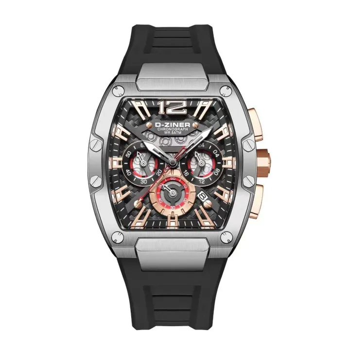 The newest dziner D-ZINER (designer) product is waterproof 30m analog chronograph pin with 50 mm date.