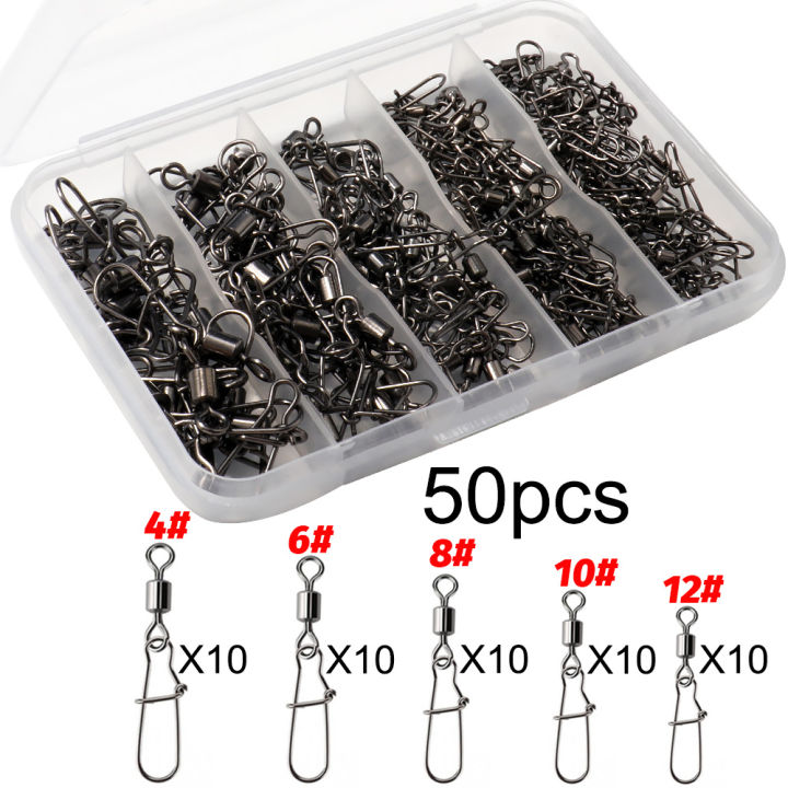 50pcs Swivel Snap Connector Pin Bearing Rolling 360 Rotate Ring Tackle Buckle Hook Lure Kit Wire Box Fishing Accessories