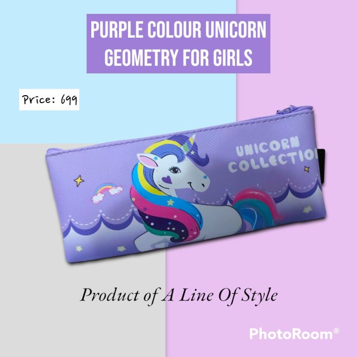 Purple colour cute unicorn geometry box for girls in medium size. |geometry box for girls||unicorn geometry||pencil case|
