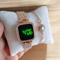 Stylish Women’s Luxury Diamond Watch – Stainless Steel Band LED Touch Electronic Watch. 