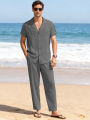 Men Beach Short Sleeve Shirt Pants Set Summer Casual Ice Silk Polo Shirt Long Pants 2-Piece Set Trendy Daily Male Suit. 