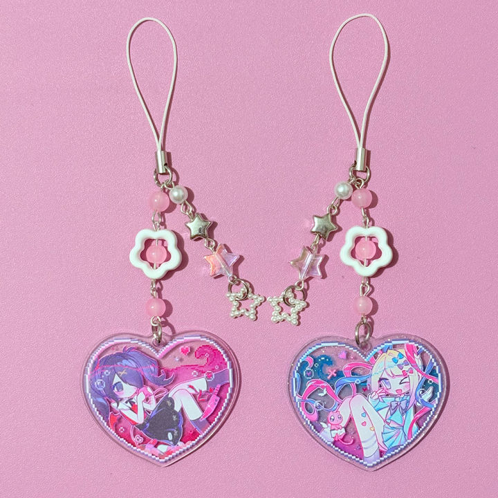 Game Need Girl Overdose KAngel Amechan Beaded Phone Chain Acrylic Heart Keychains Backpack Keyrings Cosplay Props Xmas 