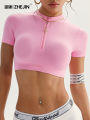 Seamless Yoga Crop Top Women Half Zip Mock Neck Short Sleeve Sports T-shirt Gym Workout Top Slim Fit Fitness Tights Sportswear. 