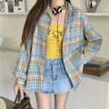 Women Tartan Shirt Long Sleeve Collared Button Up Oversized Plaid Shirt Jacket Grunge Fashion Teenage Girl Spring Summer Outfit. 