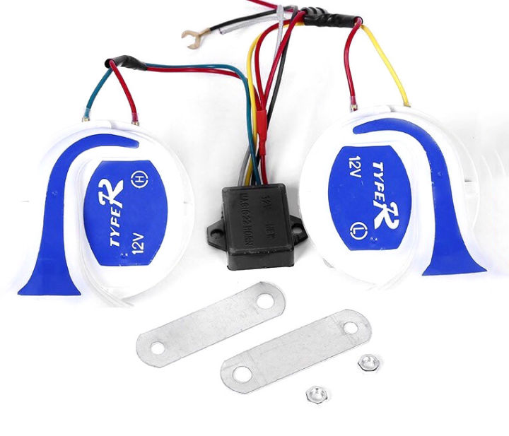 Pack of 2 Pieces, Snail Horn, Brand Tyfer-Horn, 18 Sound Types, Can Change Rhythms, 18 Modes, Uses 12V Power, Very Popular, Sound Level 135Db, 1 Pair.