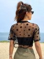 Summer Outfits Star Print Drop Shoulder Crop Mesh Top Without Camisole. 
