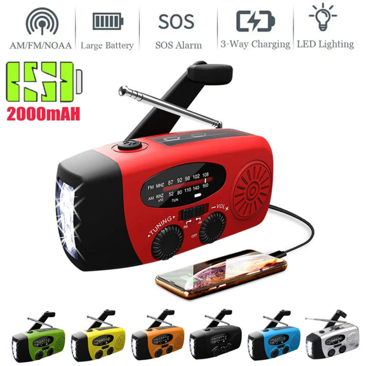 Solar Radio Hand Crank Powered FM AM NOAA Weather Radio 2000mAh Emergency Hand Dynamo Power Bank Multifunctional LED Flashlight