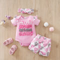 Mother's Day Themed Baby Short-Sleeved 3-Piece Set for Girls (0-18 Months), Pink Hearts and Bow Design. 