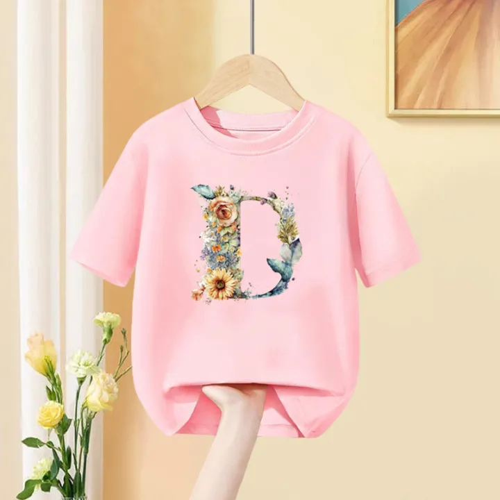Girls%20T%20Shirt%20Custom%20Name%20Letter%20Combination%20Print%20Tshirt%20Flower%20Letter%20Font%20A%20B%20C%20D%20E%20F%20G%20Short%20Sleeve%20Kids%20Pink%20Tops%20-%20Image%202