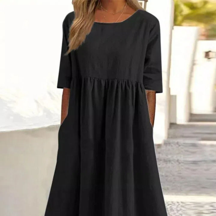 Summer%20New%20Cotton%20and%20Linen%20Casual%20Short%20Sleeve%20Pocket%20Fold%20Loose%20Round%20Neck%20Women's%20Dress%20300%20-%20Image%206