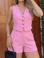 HH Women Solid Casual 2 Piece Set V Neck Single Breasted Vest Top High Waist Slim Shorts Female Casual Office Lady Daily Wear. 
