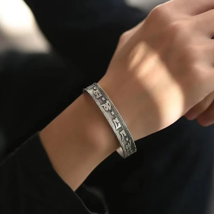 Original%20Retro%20999%20Silver%20Charm%20Embossed%20Engraved%20Six%20Character%20Mantra%20Bracelet%20for%20Women%20Solid%20Heart%20Sutra%20bangles%20Jewelry%20-%20Image%204