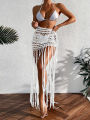 Crochet Tassel Bikini Cover Up Dress Beach Wear Women Tie Up Bather Bathing Suit Tassel Long Skirt Swimsuit Cover Up Beach Dress. 