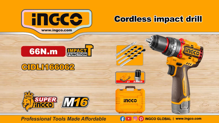 Ingco 16V Brushless Cordless Impact Drill 66Nm | CIDLI166062 | 2 Batteries + Charger