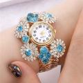 Rhinestone Flower Decor Quartz Bracelet Watch Boho Analog Cuff Bangle Dress Watch, Gift For Mother's Day Valentine's Day. 