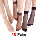 10 Pairs Women Transparent Thin Silk Stockings Summer Breathable Soft Comfortable Black Skin Tone Wear-Resistant Casual Socks.