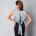 New Summer Clothes Women Solid  Backless Lace Up Bow Satin Top Sleeveless Back Hollow Out Round Neck Elegant Shirt. 