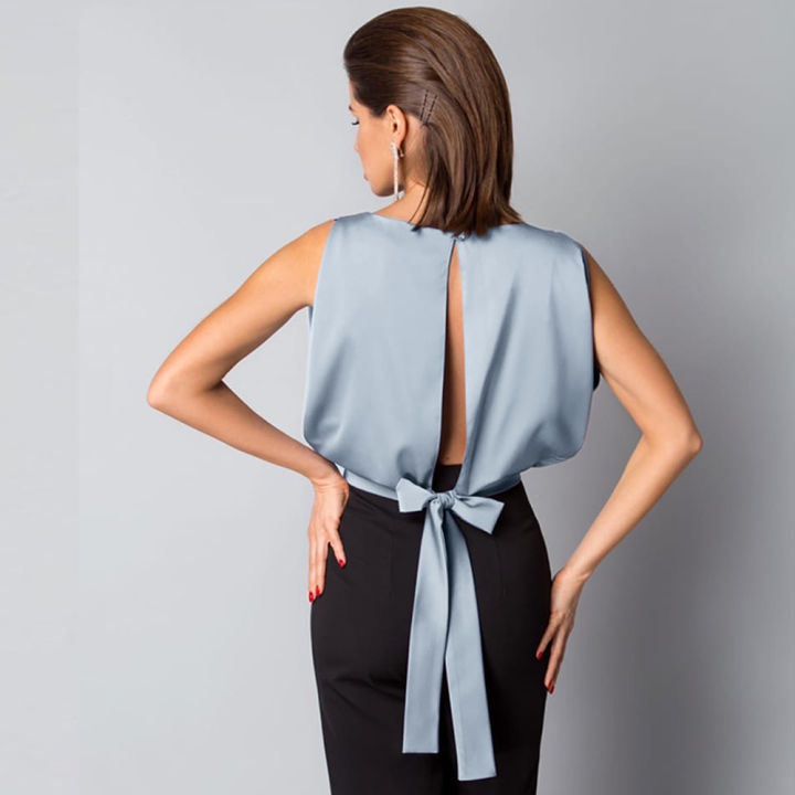 New%20Summer%20Clothes%20Women%20Solid%20%20Backless%20Lace%20Up%20Bow%20Satin%20Top%20Sleeveless%20Back%20Hollow%20Out%20Round%20Neck%20Elegant%20Shirt%20-%20Image%204