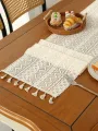 Beige Table Runner Lace Cotton Blended Fabric with Tassel For Coffee Table Decor Wedding Decoration.
