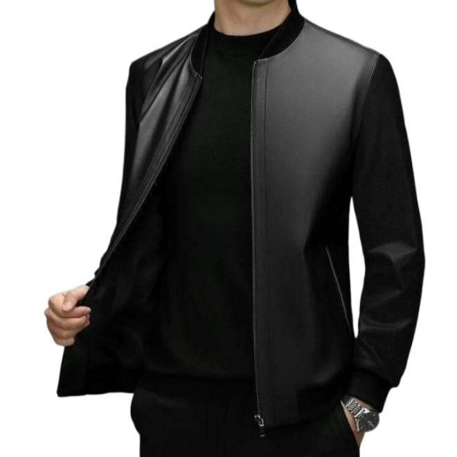 Black Regsein imported leather jacket zipper with fleece sleeves , unique style for mens
