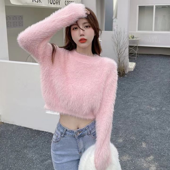 Y2k Sweater For Women Sweet Faux Mink Hairy Pullover O Neck Long Sleeve