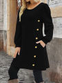 Elegant Plus Size Women's Dress Autumn Winter, Round Neck Long Sleeve Button Pocket Fashion Dress.
