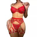 Lingerie Set Lace Embroidery Red Velvet Push Up Bralette Deep V Bra+Garters+Thong For Women. 