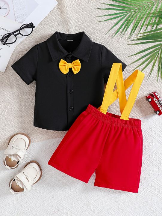 Summer Boys’ Suit, British Style Children’s Fashion Clothing with Short-Sleeved Shirt and Striped Overalls Two-Piece