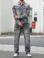 Men's Street Style Casual Distressed Raw-Hem Grey Denim Set, a Minimalist and Fashionable Two-Piece Ensemble.. 