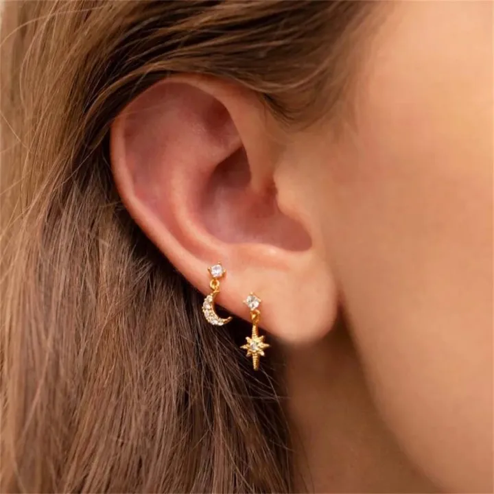 2/3/4%20Pcs%20Star%20Moon%20Pendant%20Design%20CZ%20Chain%20Hoop%20Earring%20For%20Women,%20Stainless%20Steel%20Cartilage%20Stud%20Earring%20Piercing%20Jewelry%20-%20Image%202