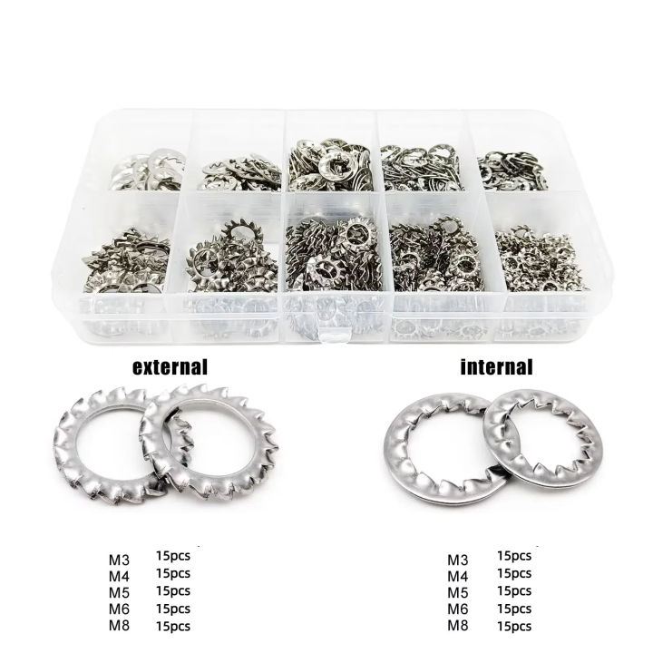 150pcs Assorted External & Internal Toothed Serrated Lock Washers M3-M8 Stainless Steel 304 A2-70 Set for Hardware